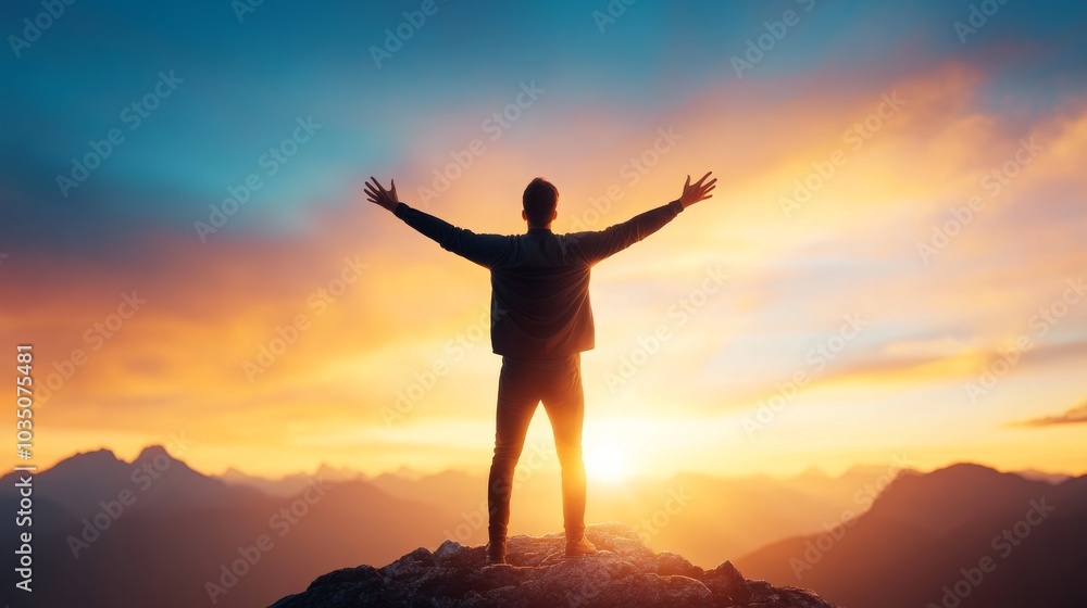 Person celebrating achievement at sunrise on mountain peak Person celebrating achievement at sunrise on mountain peak