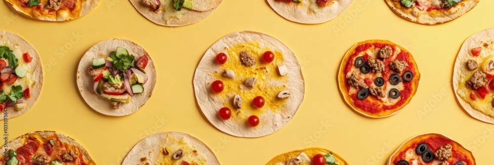 A variety of tacos and pizzas are tastefully laid out in geometric order, showcasing vibrant ingredients and enticing presentations. Generative AI A variety of tacos and pizzas are tastefully laid out in geometric order, showcasing vibrant ingredients and enticing presentations. Generative AI