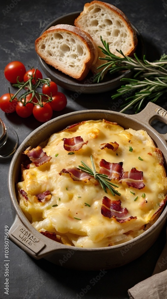 A top-down view of a delicious Tartiflette, its creamy cheese melted over layers of potatoes, bacon, and onions. A top-down view of a delicious Tartiflette, its creamy cheese melted over layers of potatoes, bacon, and onions.