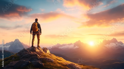 Hiker admiring a breathtaking sunset from a mountain peak