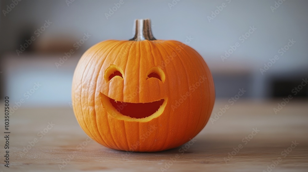 Smiling carved pumpkin with happy face on table Smiling carved pumpkin with happy face on table