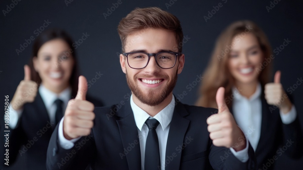 Professional team celebrating success with thumbs up Professional team celebrating success with thumbs up