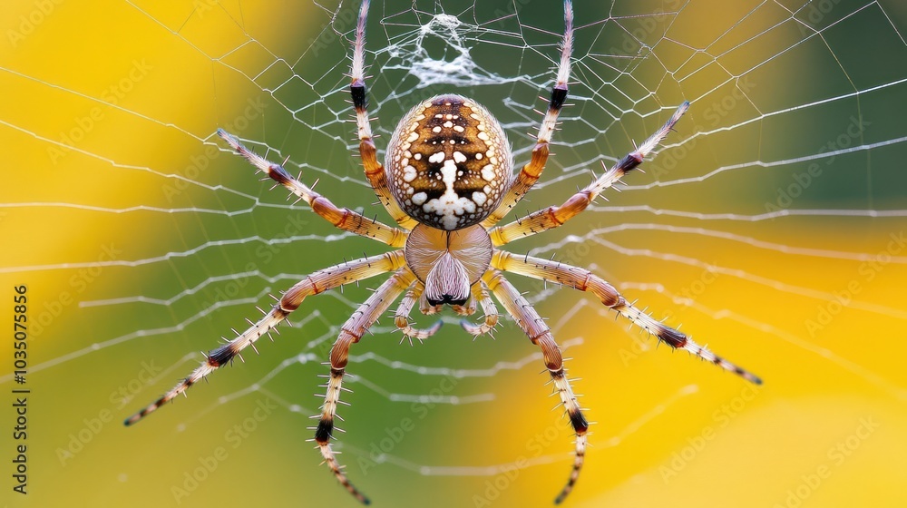 A Spider with Brown and White Spots on Its Abdomen, Hanging on a Web A Spider with Brown and White Spots on Its Abdomen, Hanging on a Web