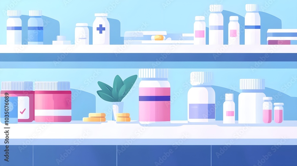 Medicine Bottles on Shelf with Plant Illustration Medicine Bottles on Shelf with Plant Illustration