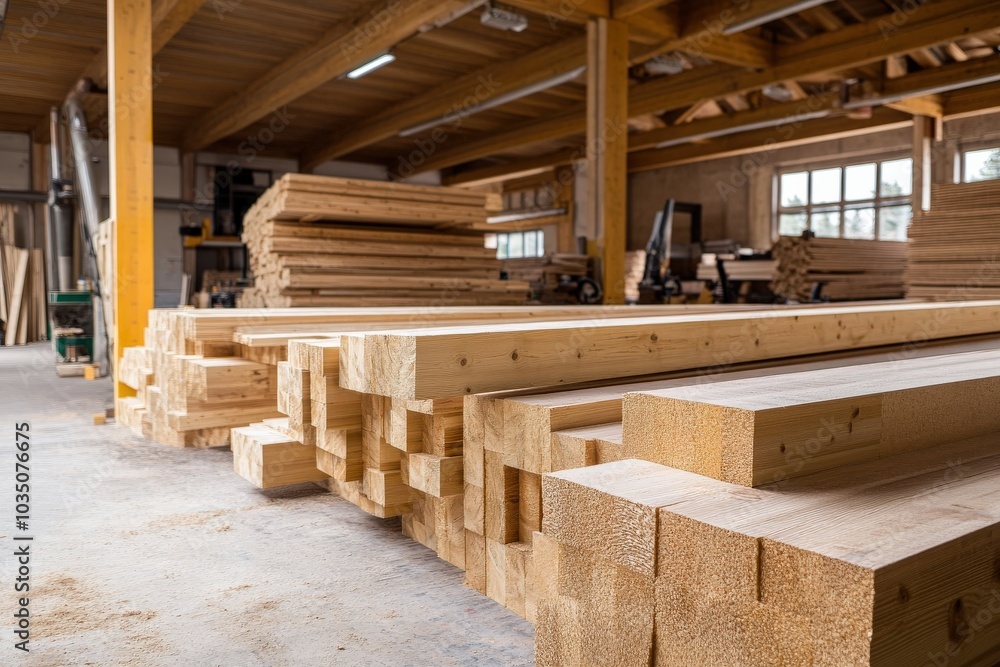 Laminated Timber Factory: Industrial Woodworking Process in Carpenter's Workshop Laminated Timber Factory: Industrial Woodworking Process in Carpenter's Workshop