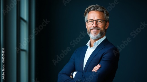 Confident businessman posing in a modern office setting