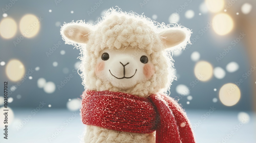 Cozy Winter Llama: A soft, white llama toy with a red scarf looks out at the viewer with a sweet smile, set against a background of falling snow and twinkling lights. Cozy Winter Llama: A soft, white llama toy with a red scarf looks out at the viewer with a sweet smile, set against a background of falling snow and twinkling lights.