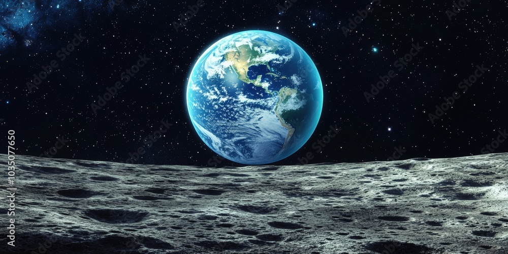 Obraz premium Breathtaking View of the Earth from the Lunar Surface with Starry Cosmos in the Background
