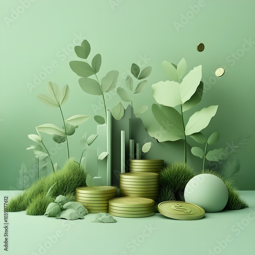 Green Leaves and Gold Coins Minimalist 3D Rendering