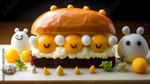 Smiling Egg Yolk Sandwich with Whipped Cream and Bunny Bun Decor photo