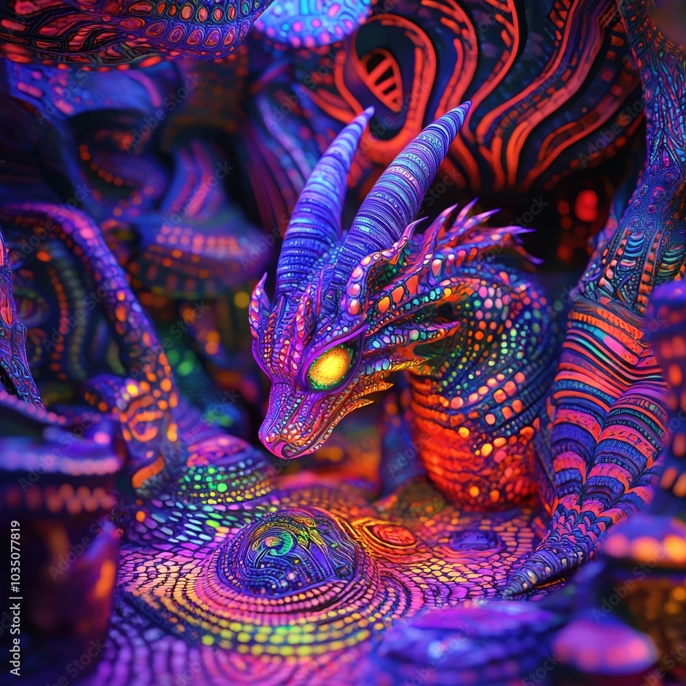Obraz premium Captivating 3D of a Mythical Dragon in Vibrant Psychedelic Colors