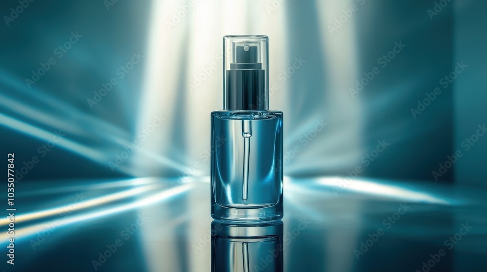 Elegant Blue Bottle on Reflective Surface with Light Rays Elegant Blue Bottle on Reflective Surface with Light Rays