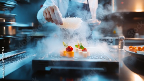 Fototapeta Naklejka Na Ścianę i Meble -  A chef experimenting with molecular gastronomy techniques and using 3D food printers to create artistic dishes in a cutting-edge kitchen studio, Modern lifestyle scene, Molecular gastronomy art style