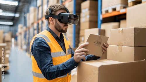 VR Warehouse Worker: A warehouse worker wearing VR goggles inspects a package, showcasing the future of logistics and technology in the modern workplace. 