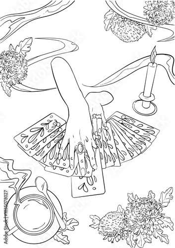 Black-and-white illustration of hands dealing tarot cards Mystical elements like flowers, candle and a cup of tea. Spiritual and esoteric atmosphere for use as coloring page. divination, magic, occult