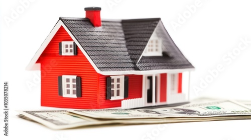 A miniature red house sits on a stack of dollar bills, symbolizing real estate investment.