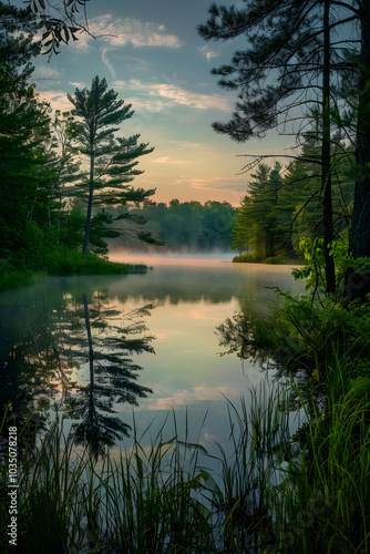 Serene Dawn Landscape with Calm Lake, Lush Greenery, and Tall Trees Reflecting Vibrant Sunrise Colors