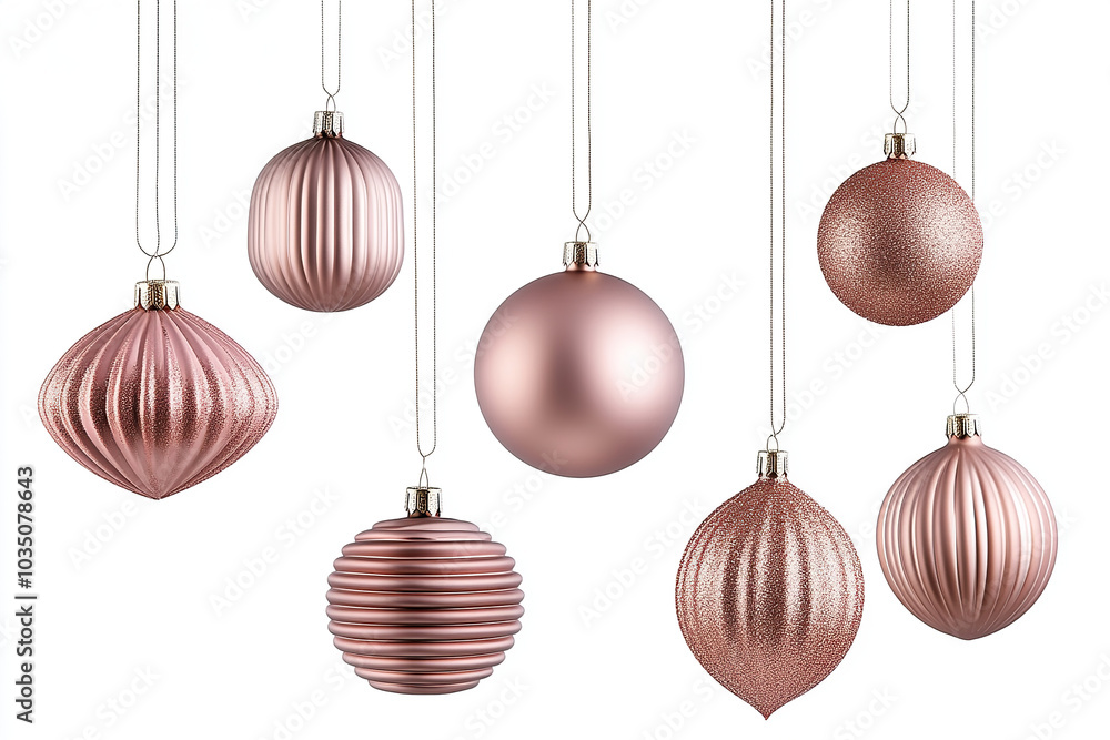 Shimmering Rose Gold Ornaments Hanging for a Merry Holiday Shimmering Rose Gold Ornaments Hanging for a Merry Holiday