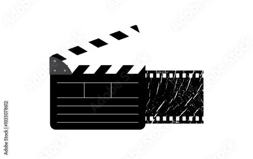 Clapper board, 35mm retro film reel vector graphic isolated on white. 3d filmstrip movie production icon illustration to use for motion picture, television, cinema, film project.