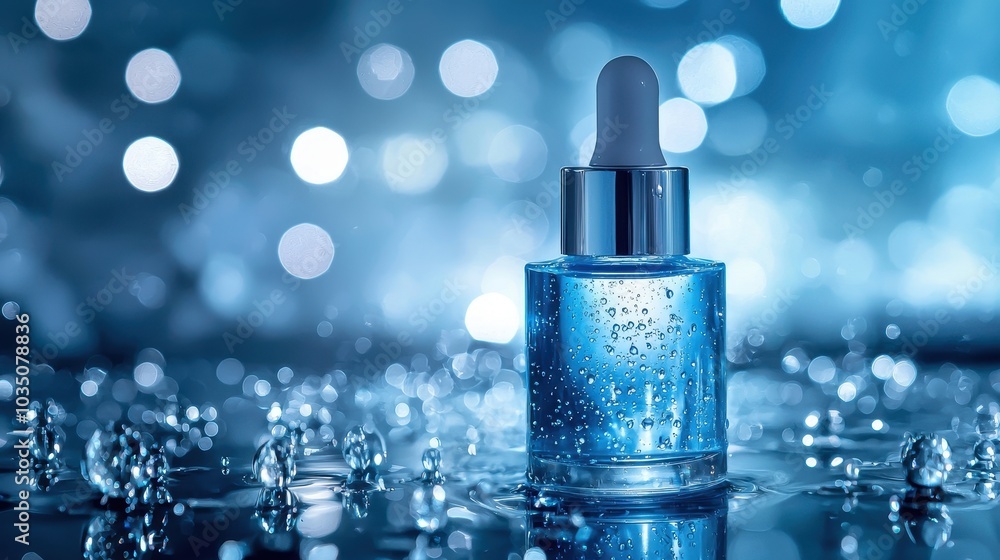 Blue Serum Bottle with Water Droplets in Focus Blue Serum Bottle with Water Droplets in Focus