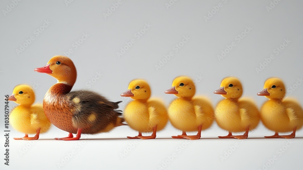 A mother duck leads her ducklings in a charming formation. A mother duck leads her ducklings in a charming formation.