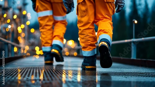 Workers walking on a metal platform.