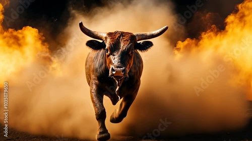Bull Charging Through Smoke and Dust.