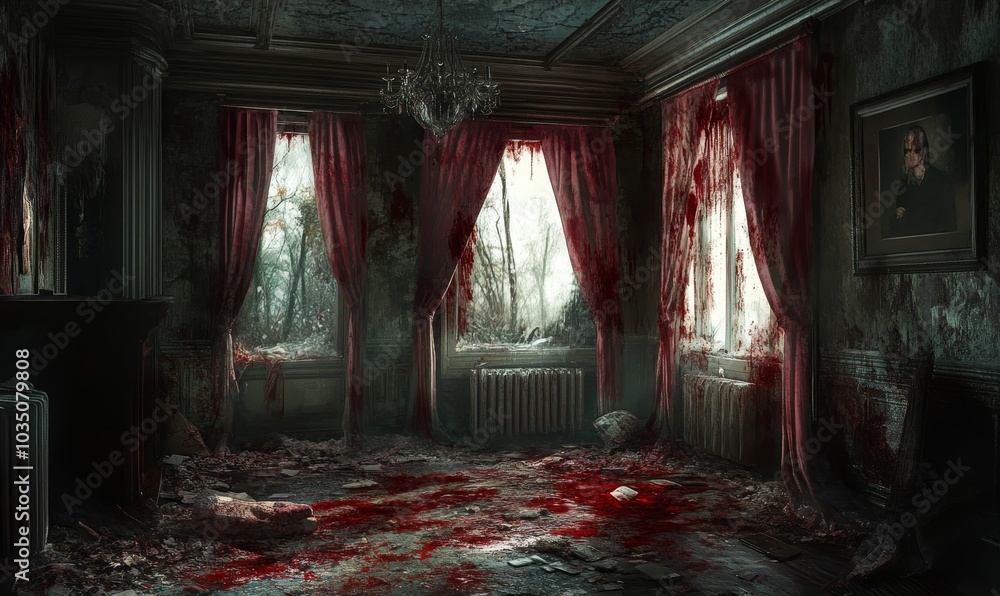 Blood-soaked room with red curtains and a portrait. Blood-soaked room with red curtains and a portrait.