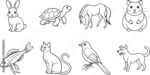  Black and White Animal Illustrations: Rabbit, Turtle, Horse, Hamster, Fish, Cat, Bird, Dog