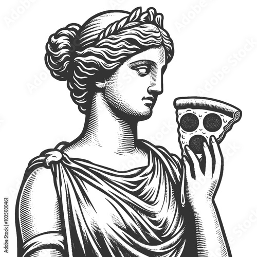 classical woman Greek-style statue holding a slice of pizza, ancient art with modern pop culture in a playful, creative design sketch engraving generative ai vector illustration. Black and white image