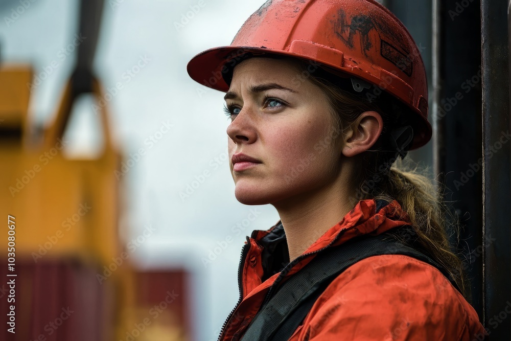 Female dockworker in protective gear at a shipping yard Female dockworker in protective gear at a shipping yard