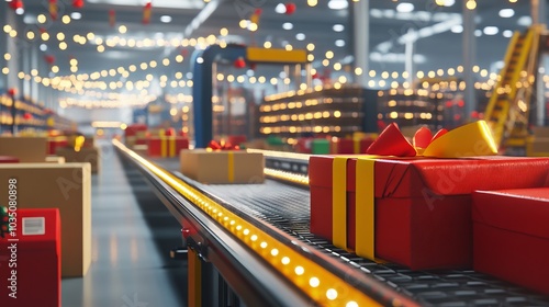 A bustling christmas season warehouse with automated systems efficiently handling gift packages.