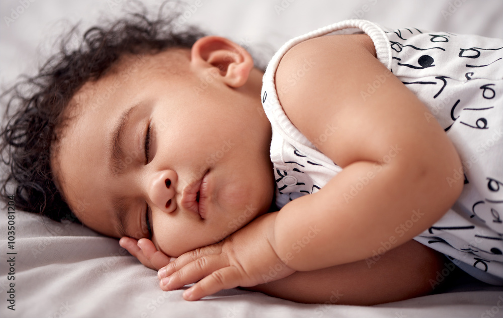 Boy, baby and nap on bed in home, relax and exhausted infant in nursery for growth development. Child, sleeping and comfortable resting on blanket for peace, calm and tired kid for dream in apartment Boy, baby and nap on bed in home, relax and exhausted infant in nursery for growth development. Child, sleeping and comfortable resting on blanket for peace, calm and tired kid for dream in apartment