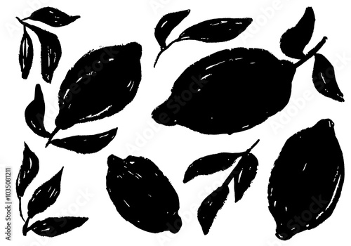Bold monochrome lemon leaves brush vector modern, natural, perfect for trendy eco designs.