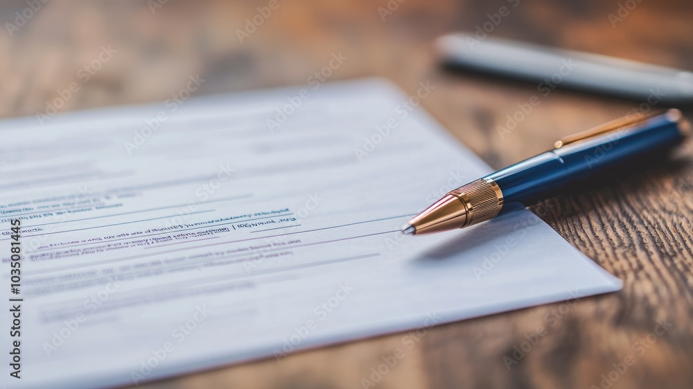 Blue pen on filled-out form and wooden surface Blue pen on filled-out form and wooden surface