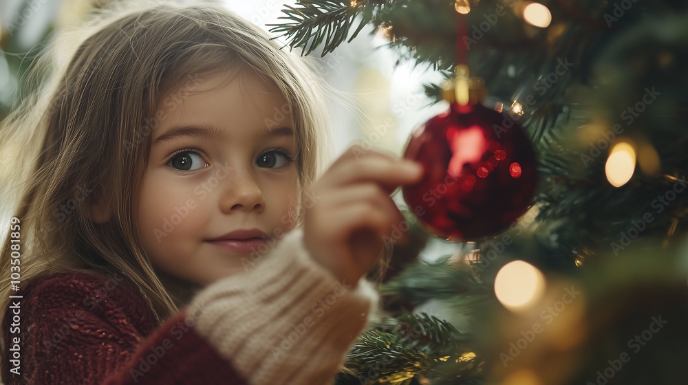 © Frank Gärtner - Little girl hangs a red christmas bauble on a tree adorned with twinkling lights © Frank Gärtner - Little girl hangs a red christmas bauble on a tree adorned with twinkling lights