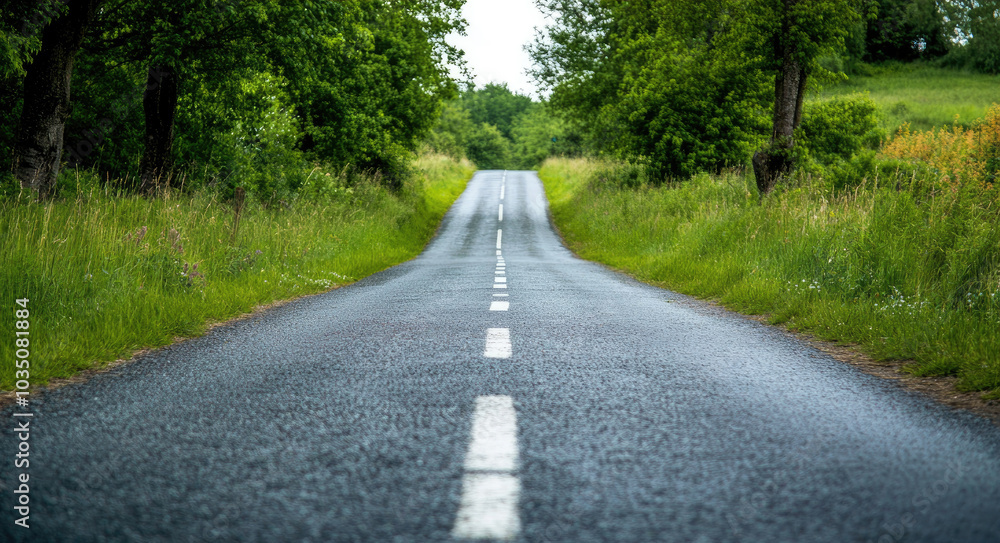 Serene rural road through lush green countryside, trees lining both sides Serene rural road through lush green countryside, trees lining both sides