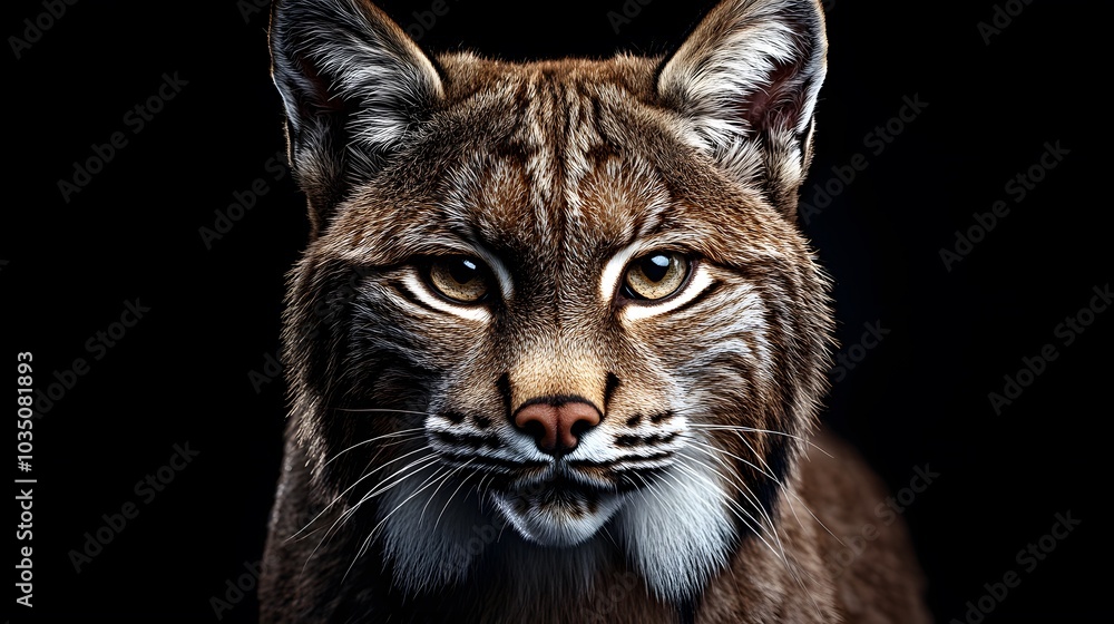 A portrait of a lynx, looking at the camera with intense eyes, against a dark forest background A portrait of a lynx, looking at the camera with intense eyes, against a dark forest background