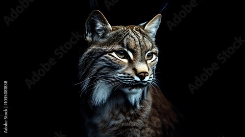 A portrait of a lynx, looking at the camera with intense eyes, against a dark forest background