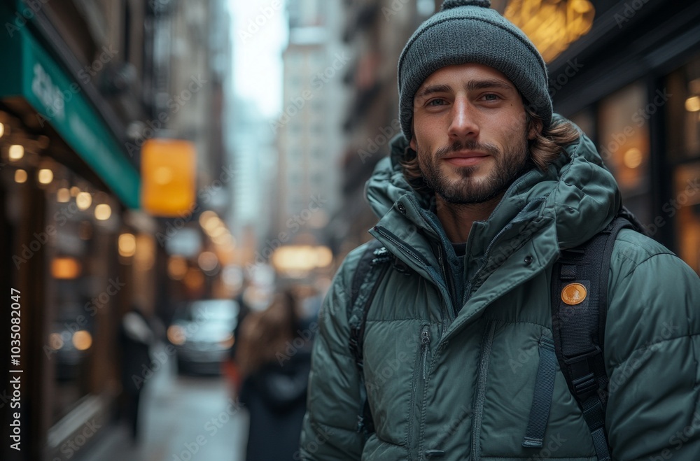City Smile: A Young Man Walking Happily in a Bright, Cool Urban Setting City Smile: A Young Man Walking Happily in a Bright, Cool Urban Setting
