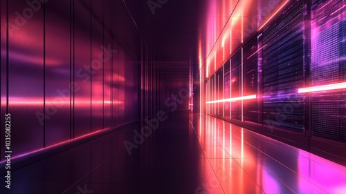 Futuristic, neon-lit hallway with reflective surfaces and sleek design