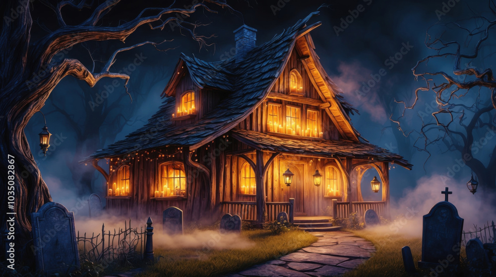 A haunted house surrounded by gravestones A haunted house surrounded by gravestones