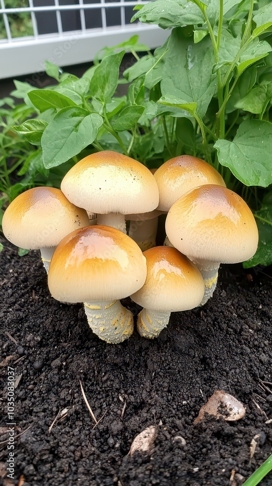 Cluster of mushrooms thriving in dark soil, enveloped by lush greenery, showcasing nature's vibrant ecosystem. Cluster of mushrooms thriving in dark soil, enveloped by lush greenery, showcasing nature's vibrant ecosystem.