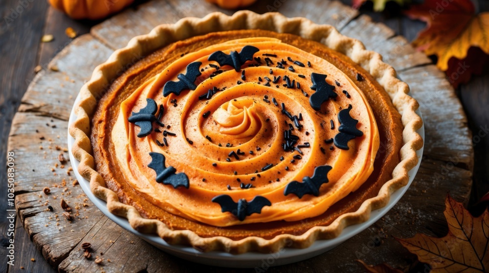 pumpkin pie with glowing orange frosting and bat-shaped sprinkles for Halloween pumpkin pie with glowing orange frosting and bat-shaped sprinkles for Halloween