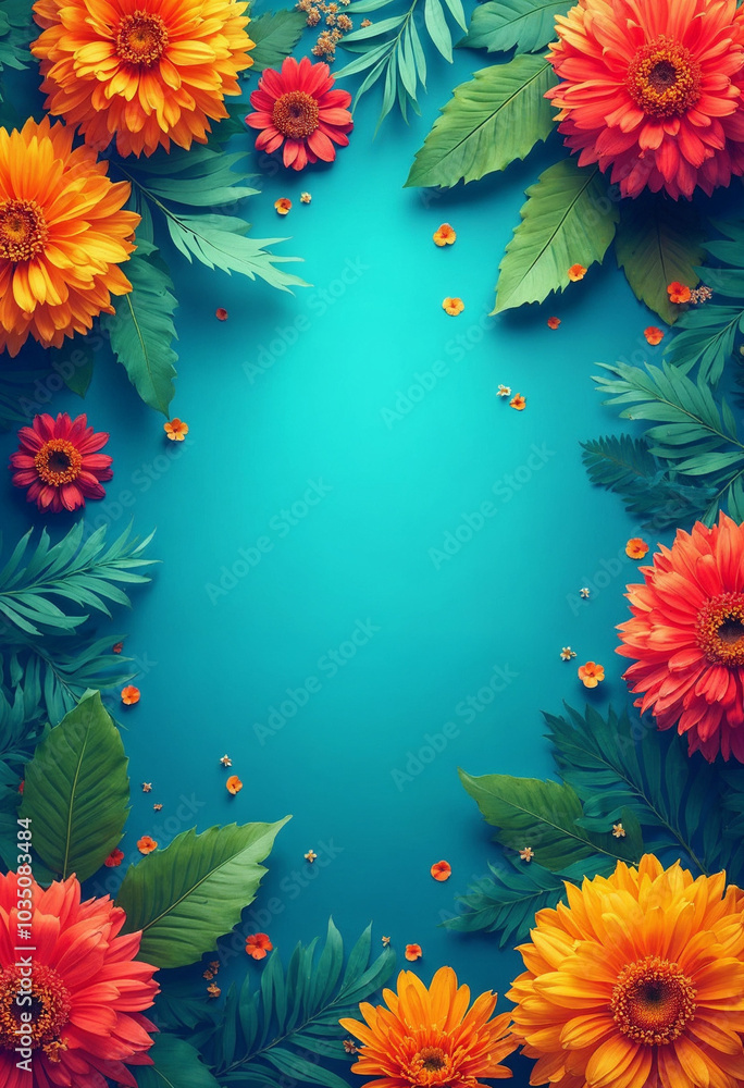 Wallpaper featuring a cheerful tropical flowers pattern, including bright marigolds and tropical leaves, complemented by ethnic floral ornaments that represent Hispanic Wallpaper featuring a cheerful tropical flowers pattern, including bright marigolds and tropical leaves, complemented by ethnic floral ornaments that represent Hispanic