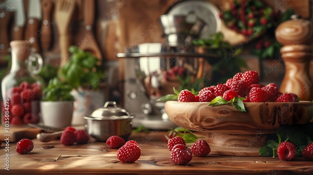 A stylish cooking counter with a fresh raspberry filled a machine is made of wood A stylish cooking counter with a fresh raspberry filled a machine is made of wood