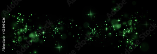 Christmas background. Powder dust light PNG. Magic shining green dust. Fine, shiny dust bokeh particles fall off slightly. Fantastic shimmer effect. Vector illustrator.
