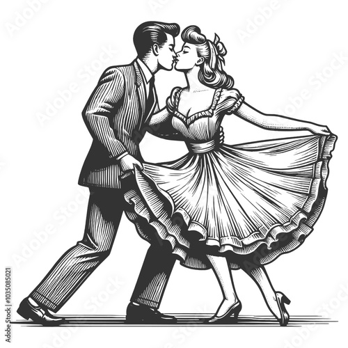 couple dancing and sharing a kiss, capturing romance and elegance sketch engraving generative ai fictional character vector illustration. Scratch board imitation. Black and white image.