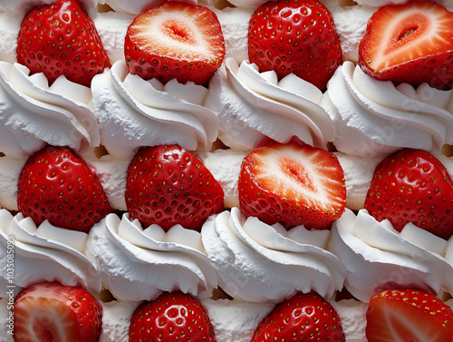 an extreme close-up, surface of a sliced strawberry gradient cake, filling the entire frame with its intricate layers