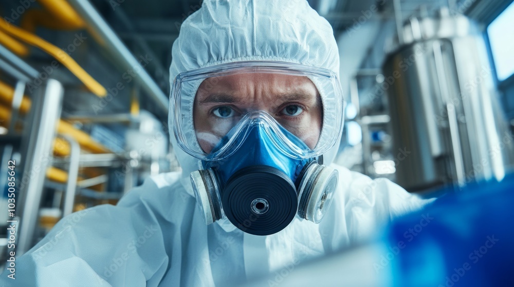 A chemical engineer in a protective suit and mask, analyzing a sample with lab equipment and chemical tanks in the background, Chemical lab scene A chemical engineer in a protective suit and mask, analyzing a sample with lab equipment and chemical tanks in the background, Chemical lab scene